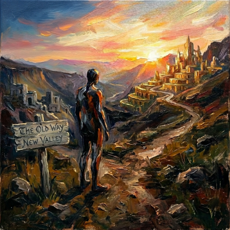 A lone person standing on a rocky hill facing a winding road and sun setting behind mountains